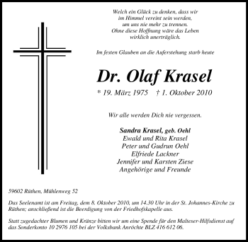 Traueranzeige von Olaf Krasel von Tageszeitung