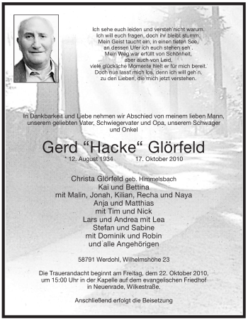 Traueranzeige von Gerd Glörfeld von Tageszeitung