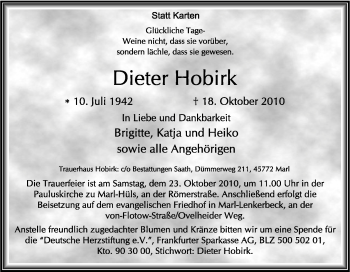 Traueranzeige von Dieter Hobirk von Tageszeitung