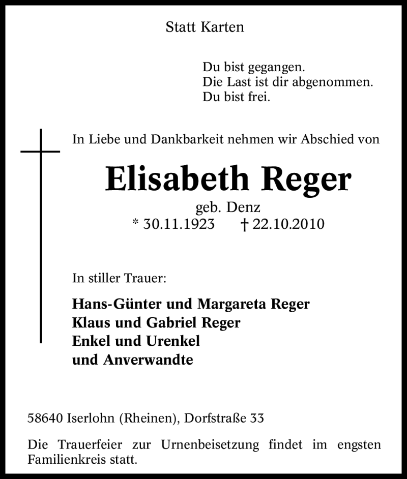 Traueranzeigen von Elisabeth Reger | Trauer-in-NRW.de