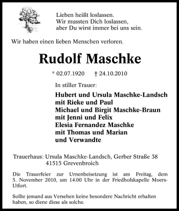 Traueranzeige von Rudolf Maschke von Tageszeitung
