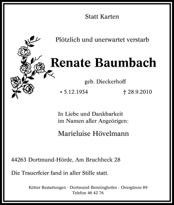Traueranzeige von Renate Baumbach von Tageszeitung