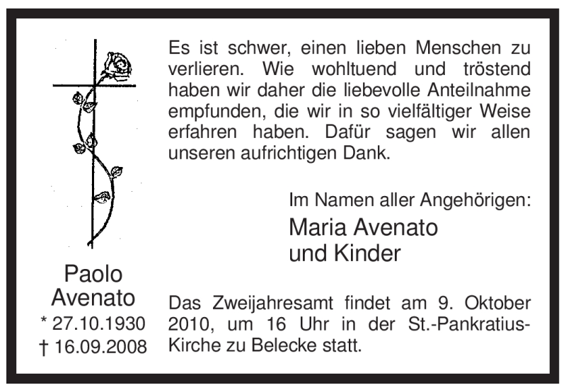  Traueranzeige für Paolo Avenato vom 07.10.2010 aus Tageszeitung