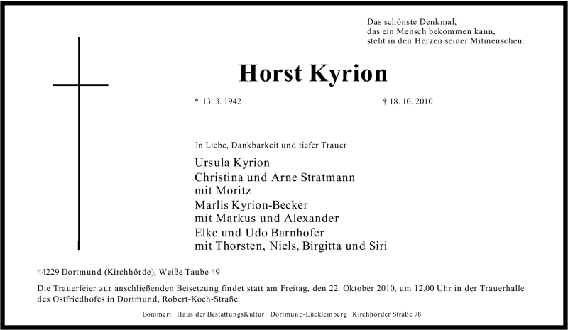  Traueranzeige für Horst Kyrion vom 20.10.2010 aus Tageszeitung