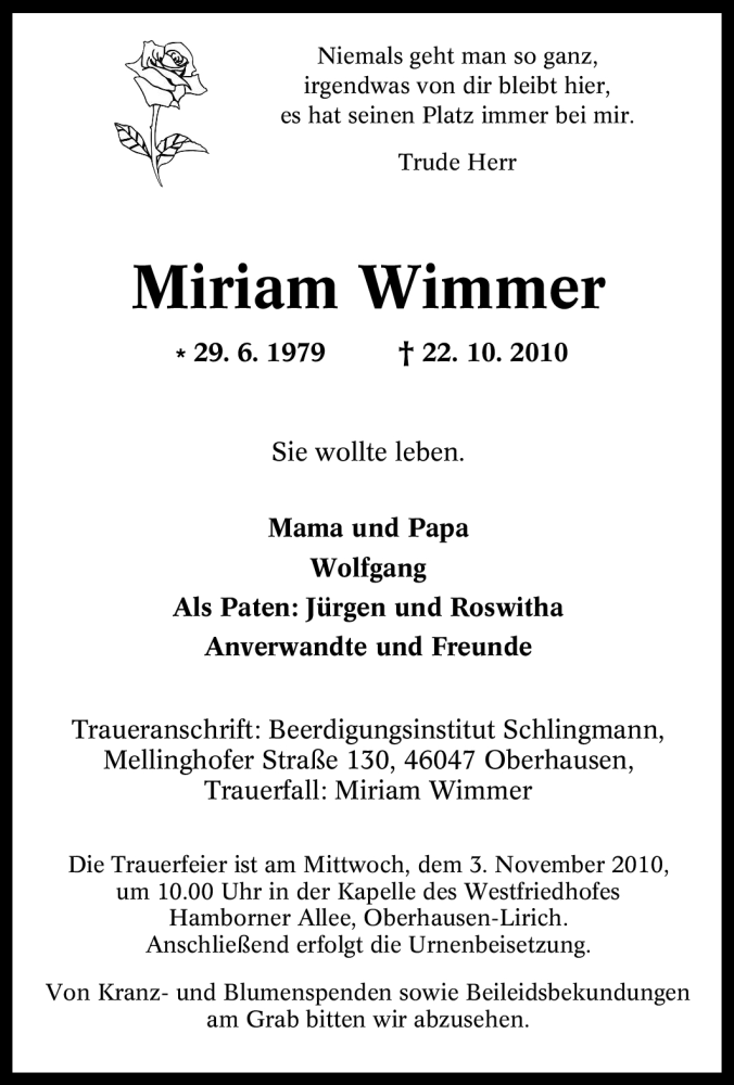  Traueranzeige für Miriam Wimmer vom 30.10.2010 aus Tageszeitung