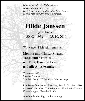 Traueranzeige von Hilde Janssen von Tageszeitung