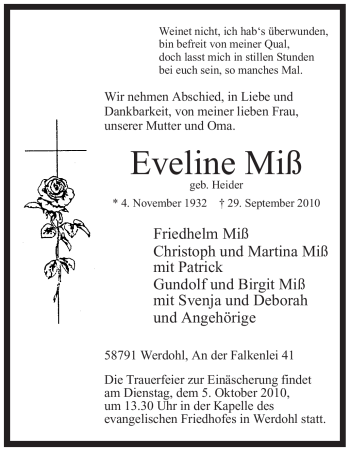 Traueranzeige von Eveline Miß von Tageszeitung
