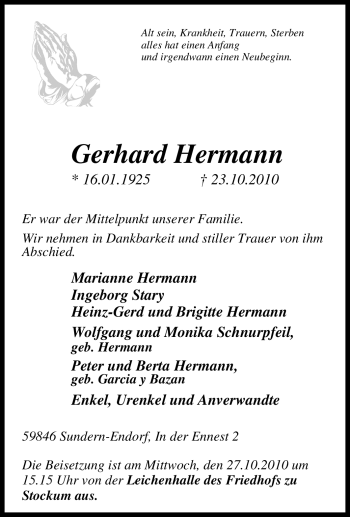 Traueranzeige von Gerhard Hermann von Tageszeitung