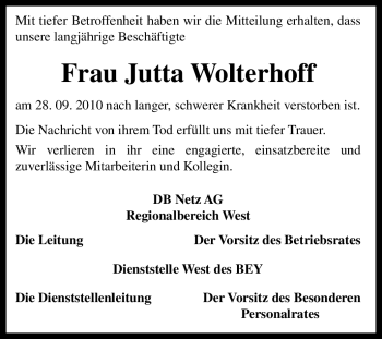 Traueranzeige von Jutta Wolterhoff von Tageszeitung