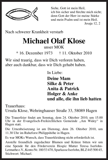Traueranzeige von Michael Olaf Klose von Tageszeitung