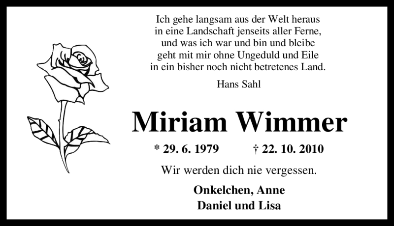  Traueranzeige für Miriam Wimmer vom 30.10.2010 aus Tageszeitung