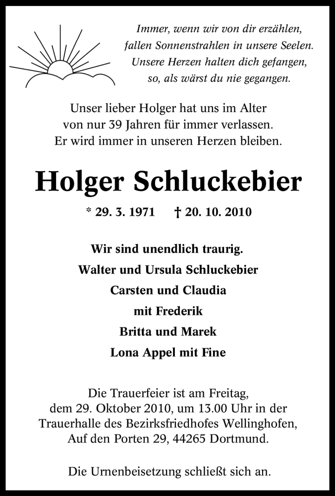 Traueranzeige für Holger Schluckebier vom 26.10.2010 aus Tageszeitung