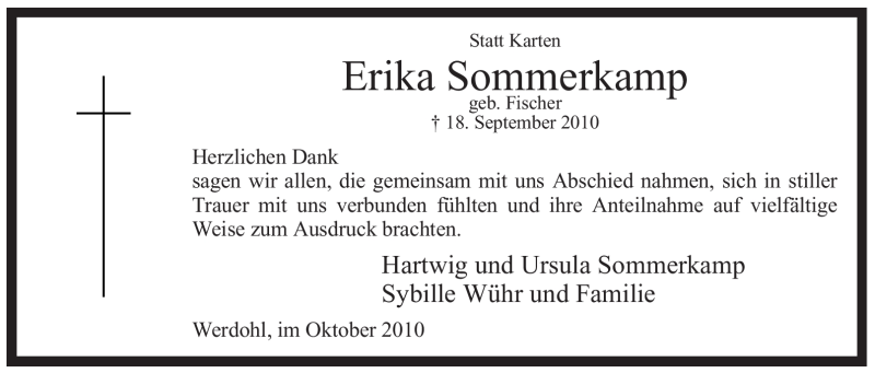  Traueranzeige für Erika Sommerkamp vom 26.10.2010 aus Tageszeitung