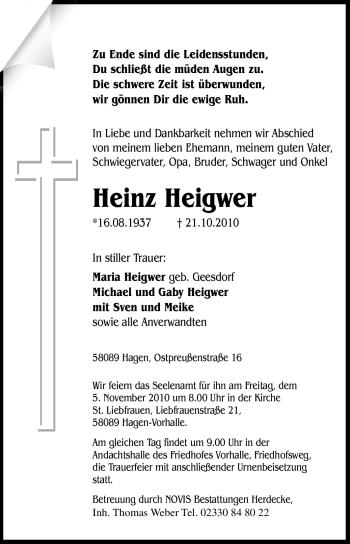 Traueranzeige von Heinz Heigwer von Tageszeitung