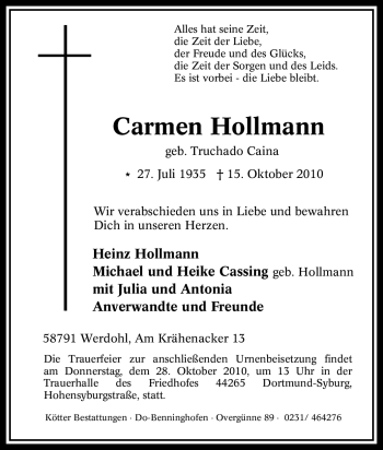 Traueranzeige von Carmen Hollmann von Tageszeitung