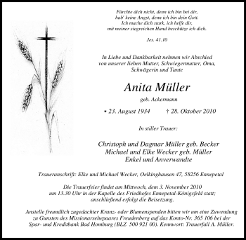 Traueranzeige von Anita Müller von Tageszeitung