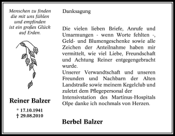 Traueranzeige von Reiner Balzer von Tageszeitung