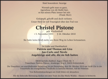 Traueranzeige von Christel Pistone von Tageszeitung