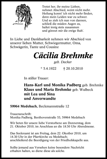 Traueranzeige von Cäcilia Brehmke von Tageszeitung