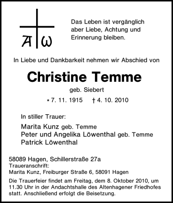 Traueranzeige von Christine Temme von Tageszeitung