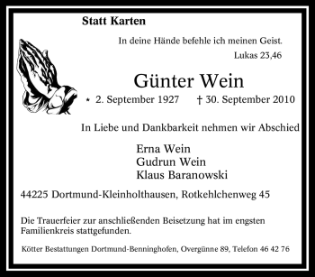 Traueranzeige von Günter Wein von Tageszeitung
