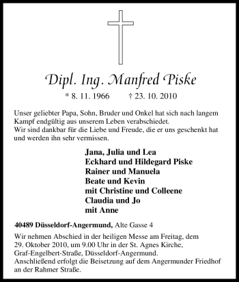 Traueranzeige von Manfred Piske von Tageszeitung