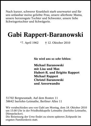 Traueranzeige von Gabi Rappert-Baranowski von Tageszeitung