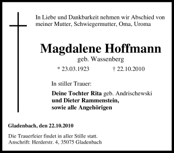 Traueranzeige von Magdalene Hoffmann von Tageszeitung