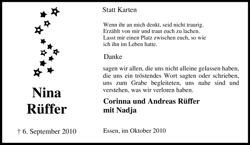  Traueranzeige für Nina Rüffer vom 02.10.2010 aus Tageszeitung