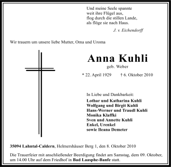 Traueranzeige von Anna Kuhli von Tageszeitung