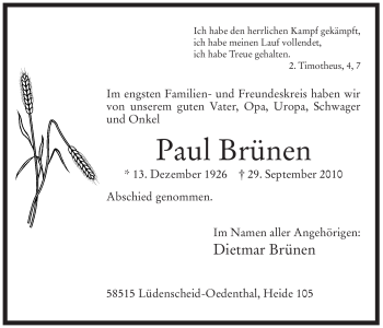 Traueranzeige von Paul Brünen von Tageszeitung