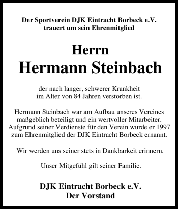 Traueranzeige von Hermann Steinbach von Tageszeitung