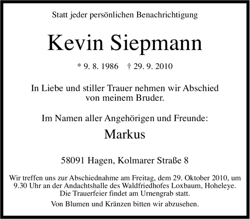  Traueranzeige für Kevin Siepmann vom 26.10.2010 aus Tageszeitung