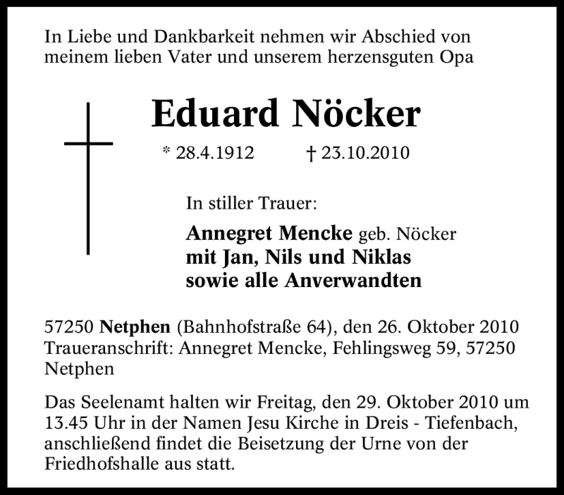  Traueranzeige für Eduard Nöcker vom 27.10.2010 aus Tageszeitung