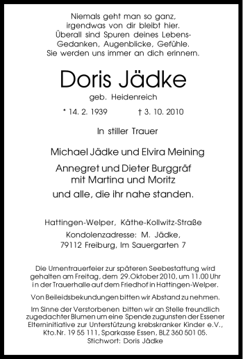 Traueranzeige von Doris Jädke von Tageszeitung