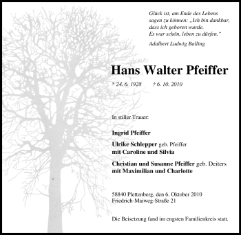 Traueranzeige von Hans Walter Pfeiffer von Tageszeitung