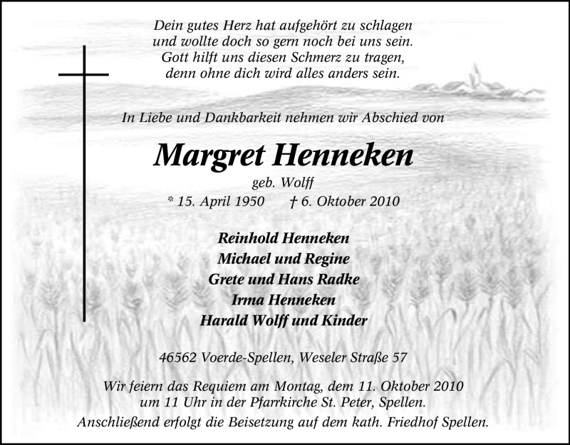  Traueranzeige für Margret Henneken vom 08.10.2010 aus Tageszeitung