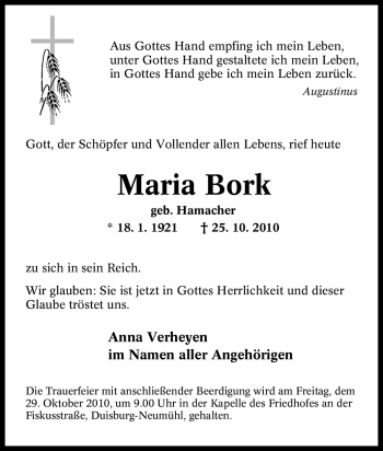 Traueranzeige von Maria Bork von Tageszeitung