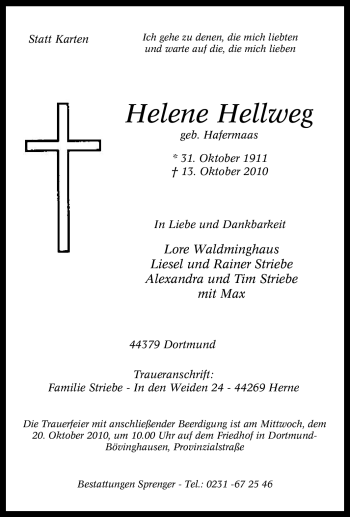 Traueranzeige von Helene Hellweg von Tageszeitung