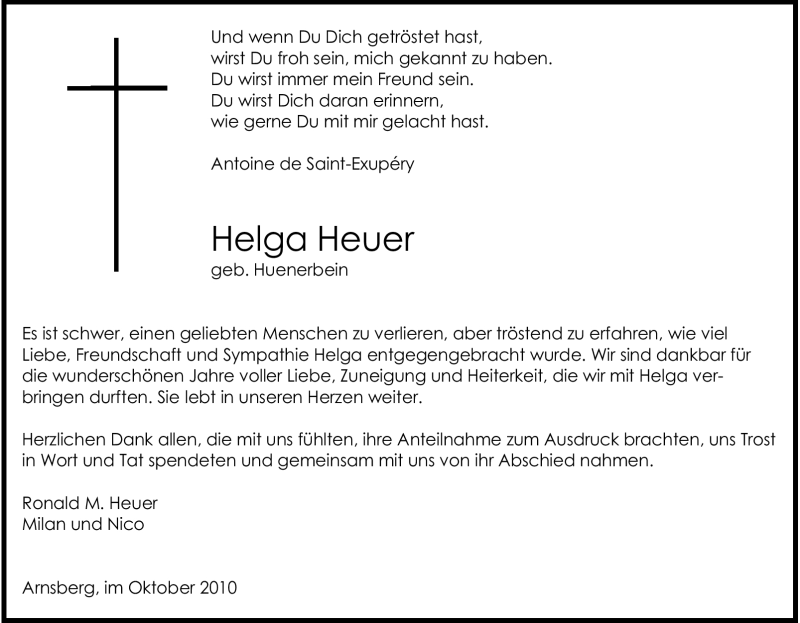  Traueranzeige für Helga Heuer vom 09.10.2010 aus Tageszeitung