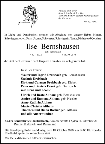 Traueranzeige von Ilse Bernshausen von Tageszeitung