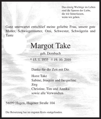 Traueranzeige von Margot Take von Tageszeitung