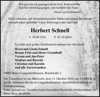 Traueranzeige von Herbert Schnell von Tageszeitung