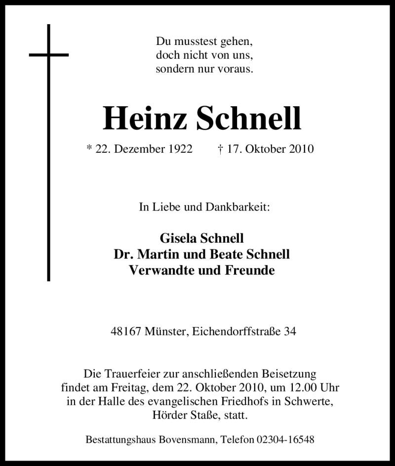  Traueranzeige für Heinz Schnell vom 20.10.2010 aus Tageszeitung