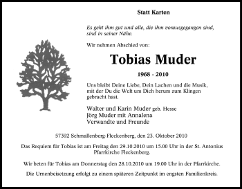 Traueranzeige von Tobias Muder von Tageszeitung