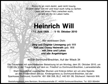 Traueranzeige von Heinrich Will von Tageszeitung