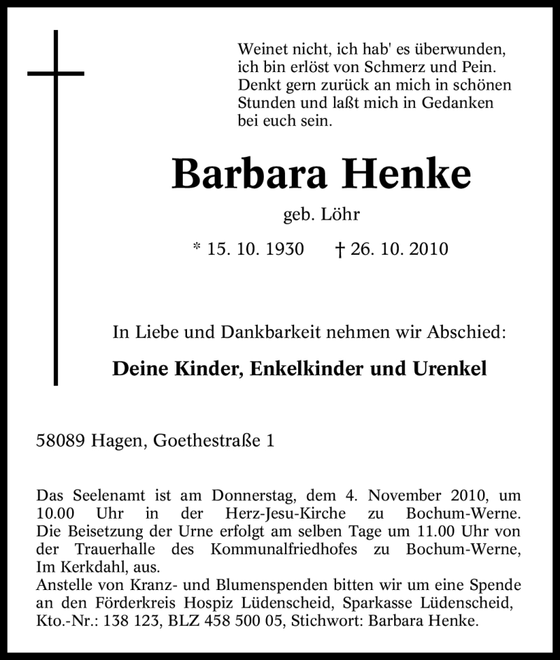  Traueranzeige für Barbara Henke vom 30.10.2010 aus Tageszeitung