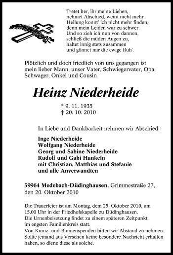 Traueranzeige von Heinz Niederheide von Tageszeitung