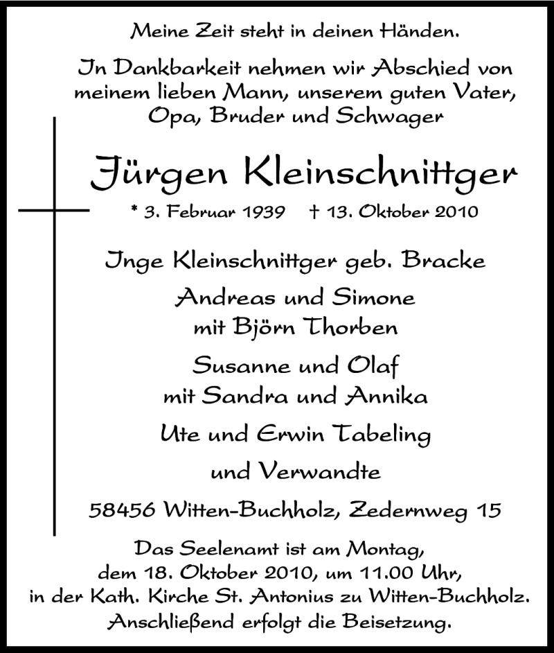  Traueranzeige für Jürgen Kleinschnittger vom 15.10.2010 aus Tageszeitung