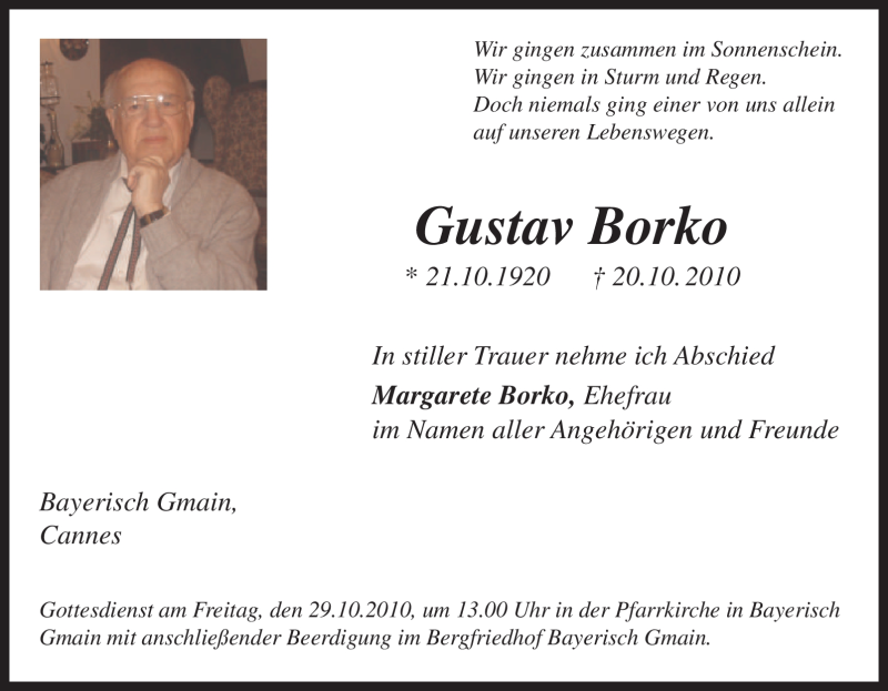  Traueranzeige für Gustav Borko vom 28.10.2010 aus Tageszeitung
